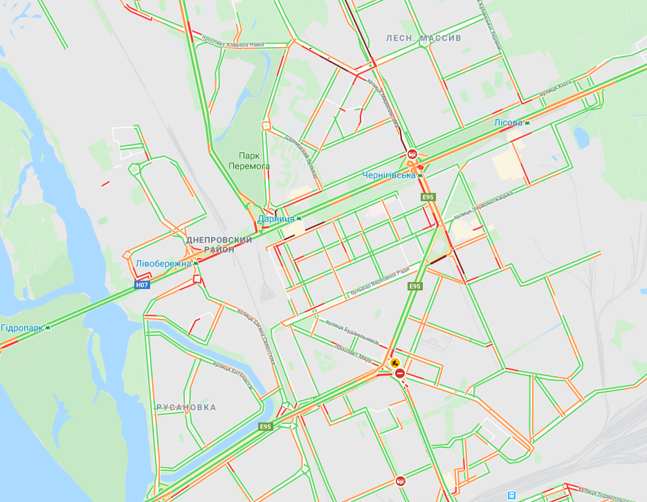 Карта пробок на левом берегу Киева 7 ноября