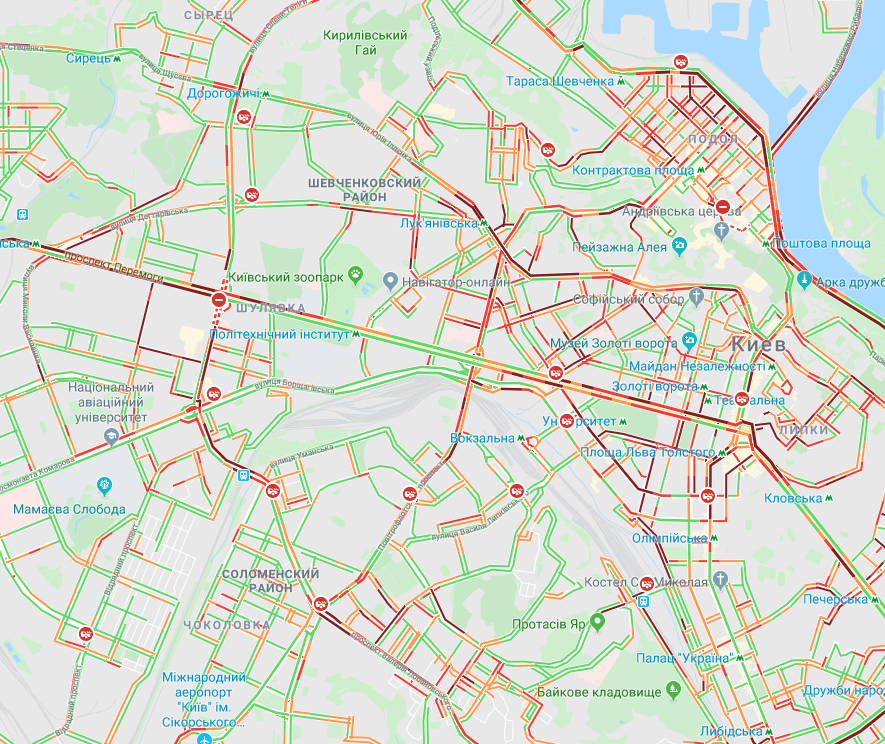 Пробки на правом берегу Киева 15 ноября (скриншот Google Maps)