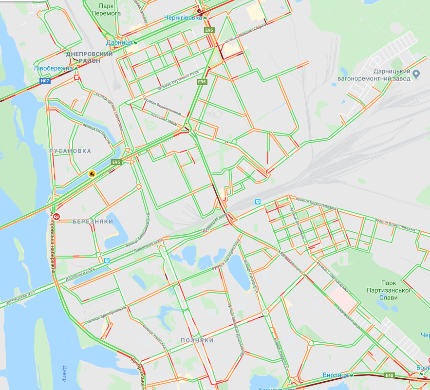 Пробки на левом берегу Киева 15 ноября (скриншот Google Maps)