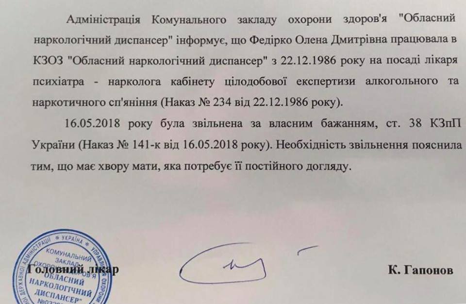 Документ-объяснение об увольнении врача Федирко А. Д.