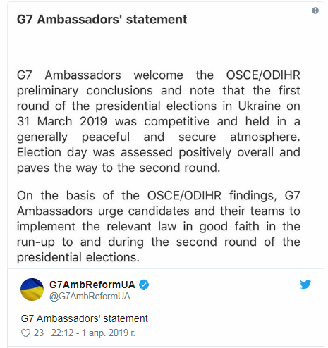 Большая семерка поддержала выводы ОБСЕ по выборам в Украине