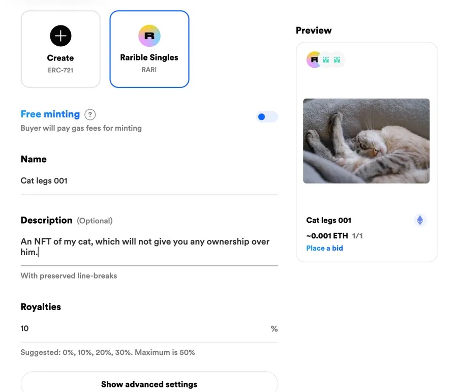 На площадке Rarible можно выбрать процент роялти