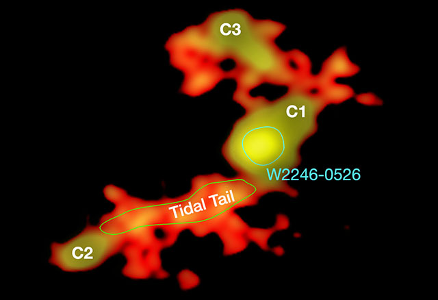 W2246-0526 с тремя соседними галактиками. Сredit: ALMA (ESO / NAOJ / NRAO) 