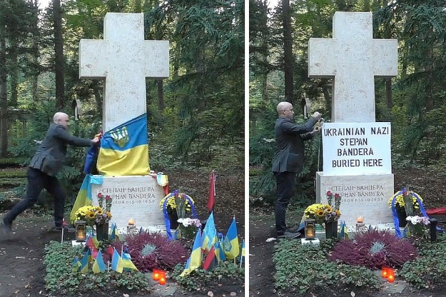 Прокремлевский пропагандист Грэм Филлипс сорвал флаги с могилы лидера ОУН Степана Бандеры