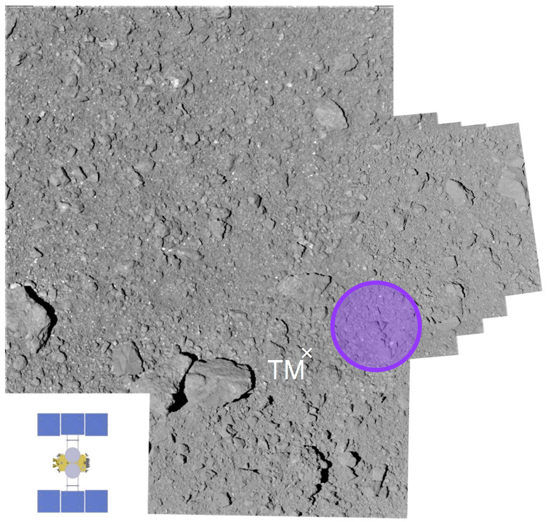 Место сбора образцов грунта. Хаябуса-2 показан в масштабе снимка. Image credit: JAXA    