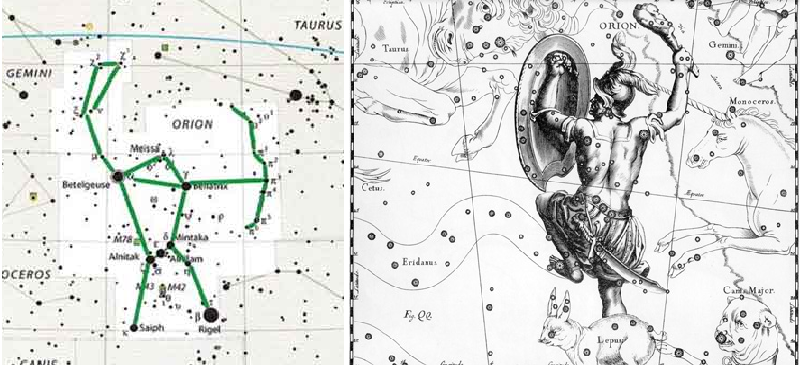 Созвездие Ориона в современном и старинном атласах