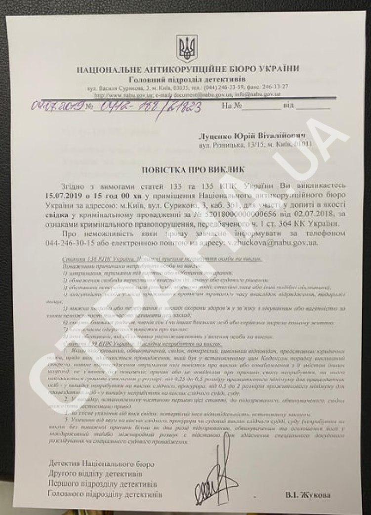 Луценко вызвали на допрос в НАБУ