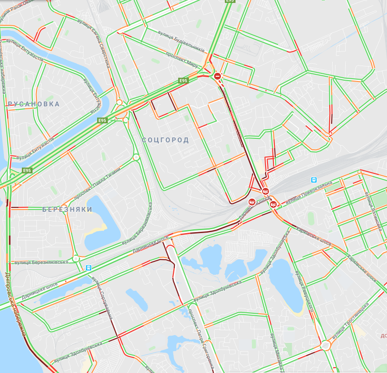 Фото: скриншот пробок на левом берегу Киева 1 ноября
