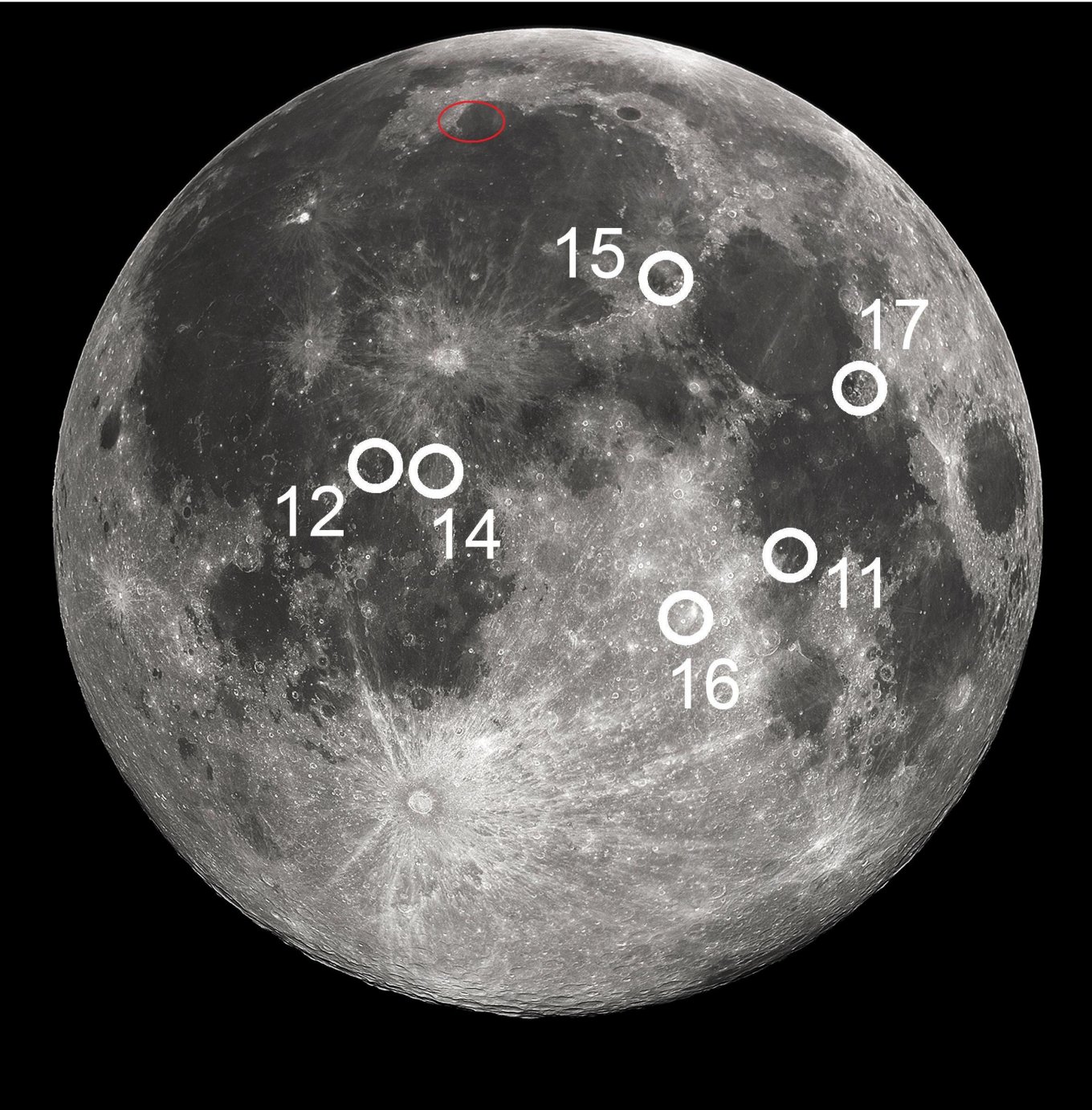 Места посадки Апполонов. Красным кружком отмечено место посадки первого ровера Юйту
