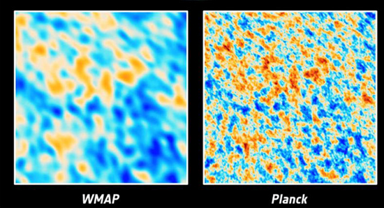 Микроволновой фон одного и того же участка неба по наблюдениям миссий  WMAP и  Planck