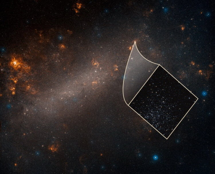 Наземное изображение БМО и поле Хаббла с исследуемыми цефеидами. Credits: NASA, ESA, A. Riess (STScI/JHU) and Palomar Digitized Sky Survey 