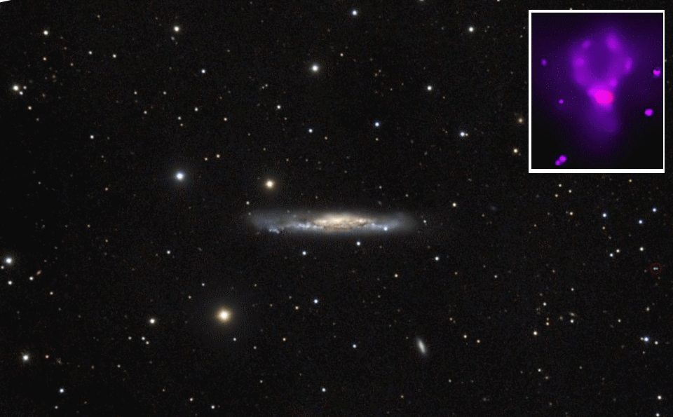 Галактика NGC 3079 и ее суперпузыри (на врезке, увеличено)