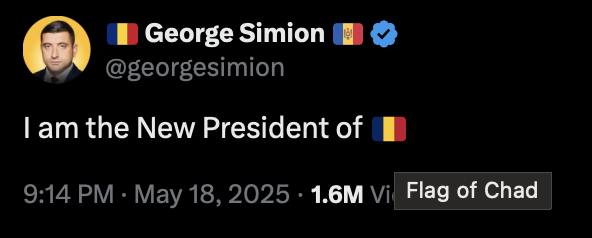 Джордж Сіміон поспішив оголосити себе переможцем. Але користувачі мережі помітили курйоз: у його дописі був вставлений прапор Чаду, а не Румунії.