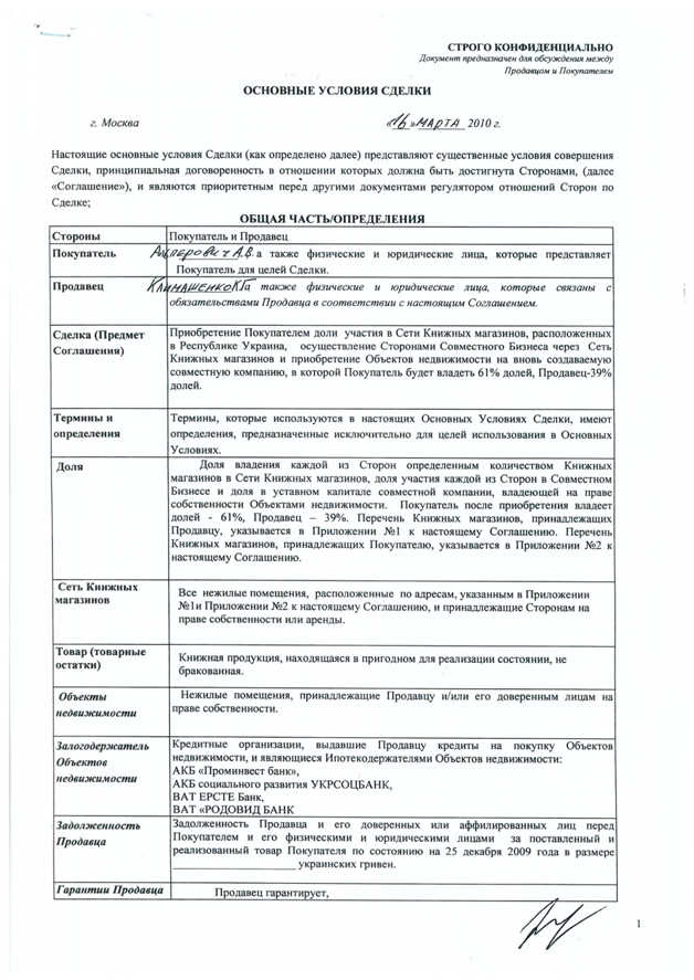 Основные условия сделки о покупке компании с Альперовичем А.В.