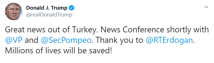 В свою очередь президент США Дональд Трамп сообщил : Хорошие новости с Турции. Будут спасены миллионы жителей